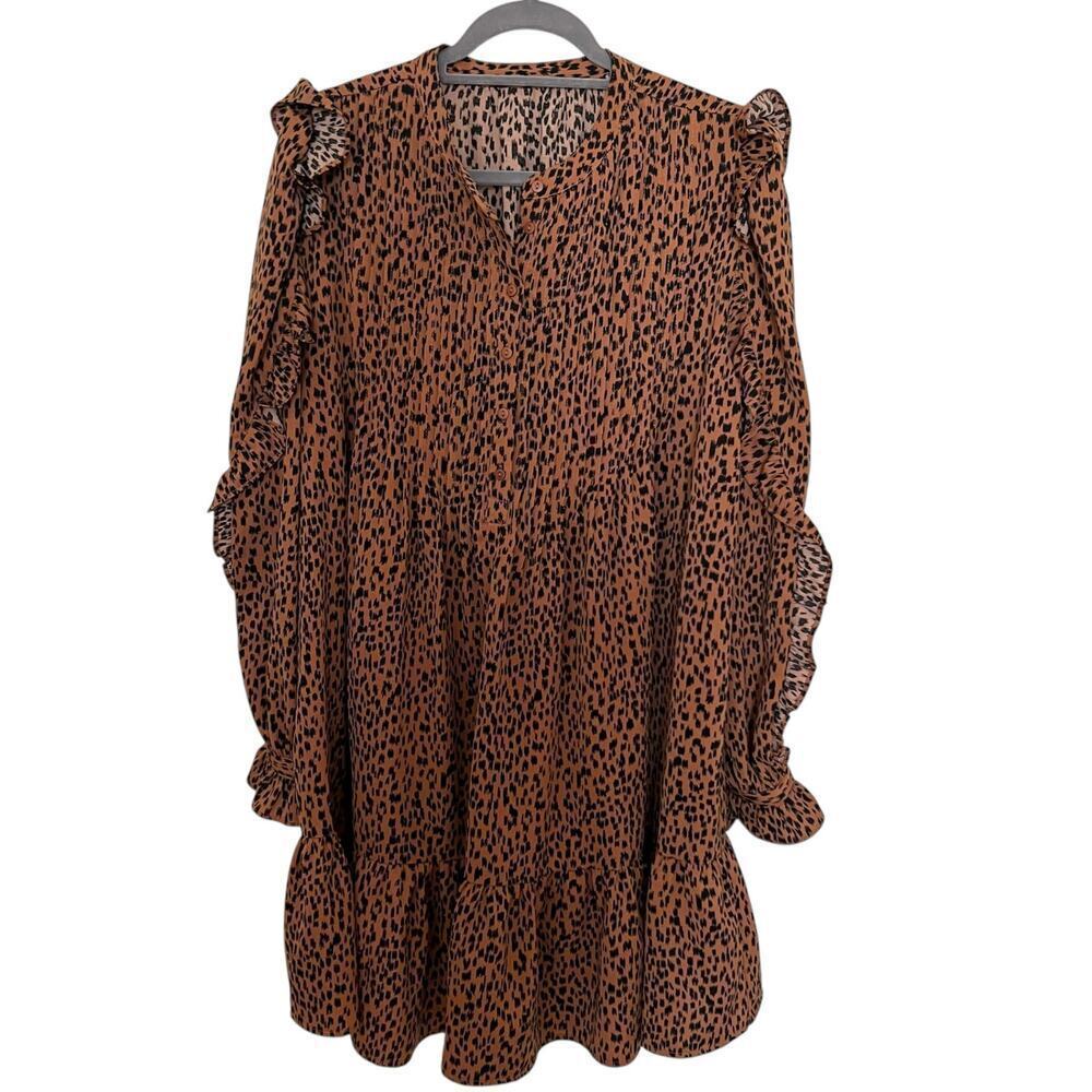 Cheetah Print Ruffle Sleeve Shift Dress Brown Black Approx‎ Size XL